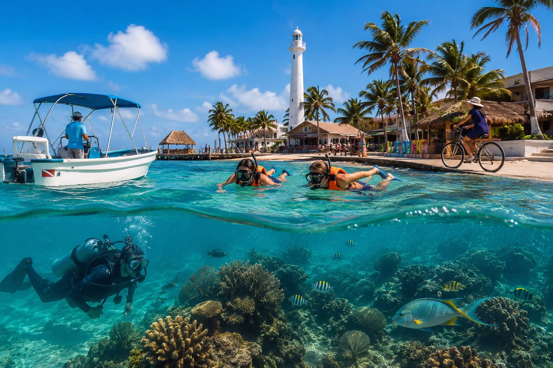 Actividades turísticas en Puerto Morelos con snorkel, embarcaciones y arrecife coralino.