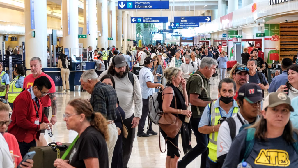 Viajeros con equipaje recorren la terminal del Aeropuerto Internacional de Cancún.