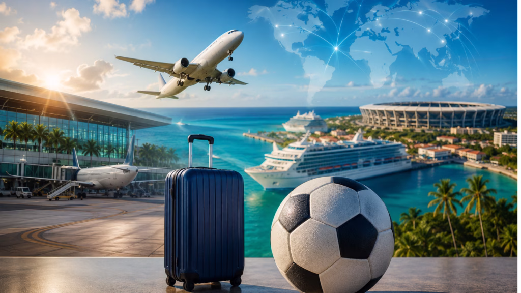 Concepto de conectividad aérea, turismo internacional y llegada de viajeros a Cancún.