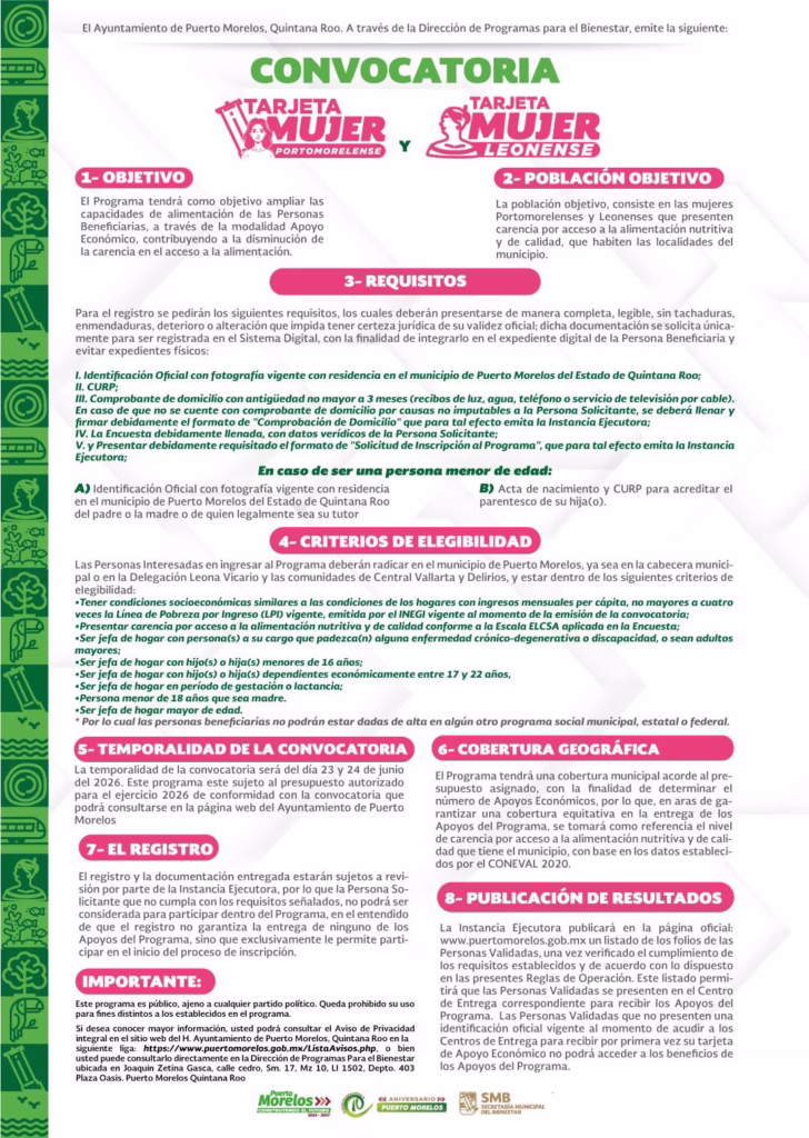 Convocatoria oficial de las tarjetas Mujer Portomorelense y Mujer Leonense en Puerto Morelos