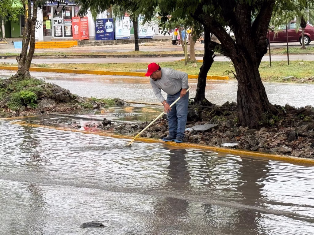 Trabajador realiza limpieza de pozo pluvial para prevenir inundaciones en Playa del Carmen