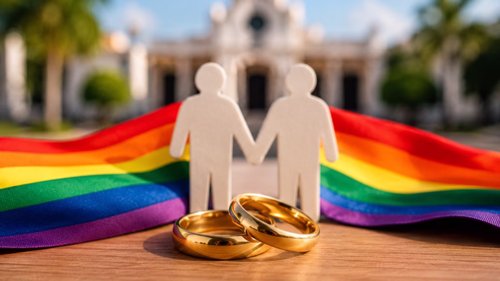 Alianzas matrimoniales sobre la bandera del orgullo como representación de los matrimonios igualitarios en Playa del Carmen.