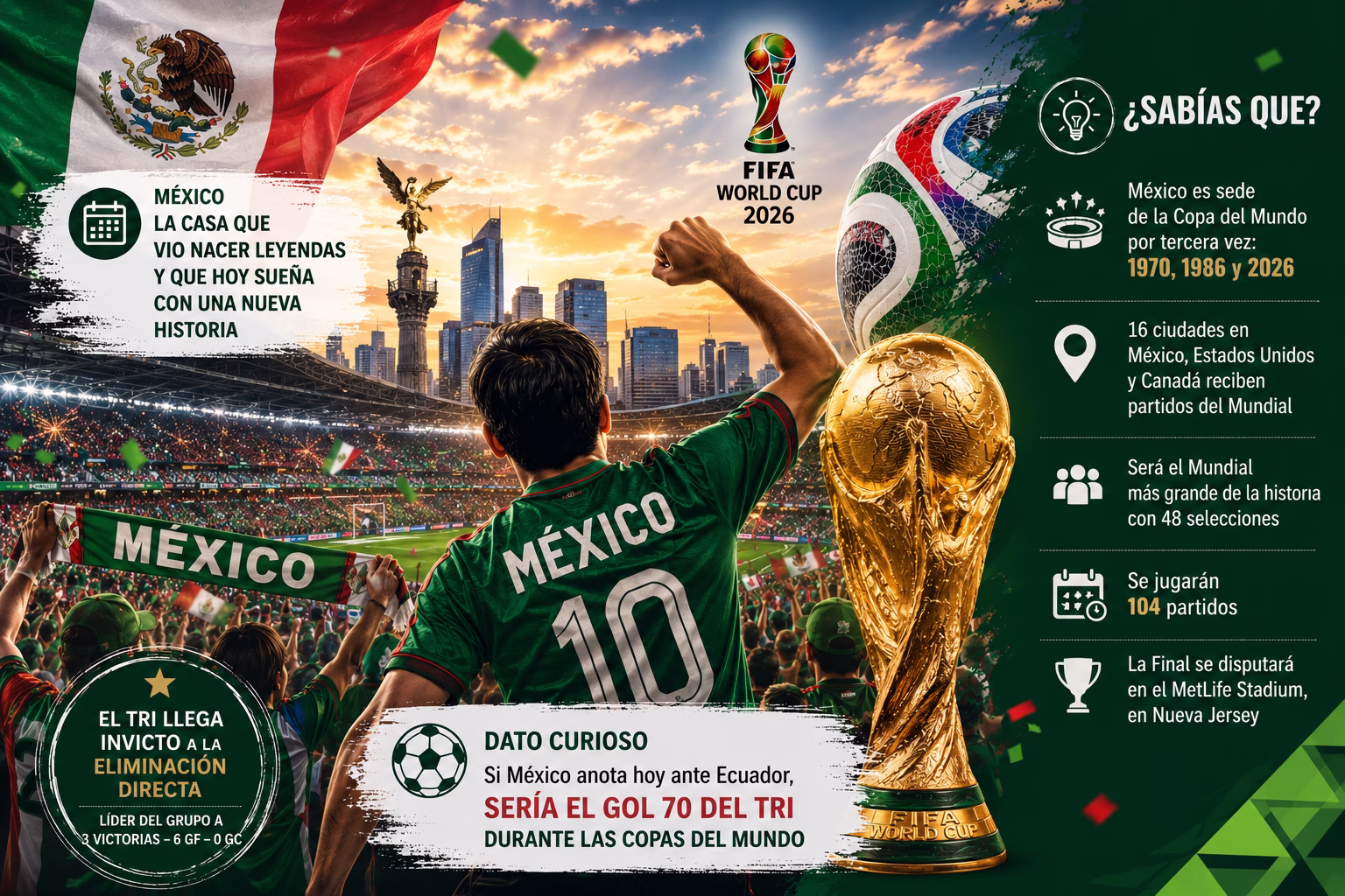 Afición mexicana celebra el paso de la Selección Mexicana en el Mundial 2026 con datos del torneo y ambiente mundialista.