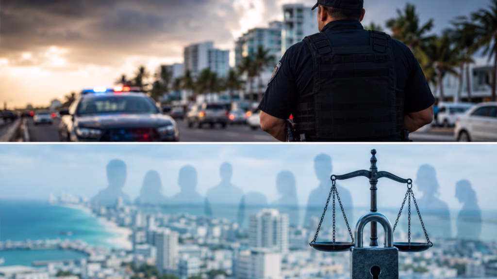 Imagen conceptual sobre la seguridad ciudadana en Quintana Roo que representa la percepción de inseguridad, la justicia y la confianza institucional.