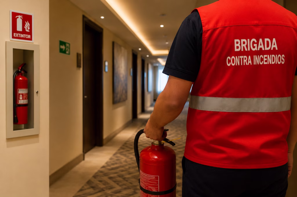 Seguridad en hoteles de Quintana Roo con bomberos atendiendo una emergencia en un hotel turístico.