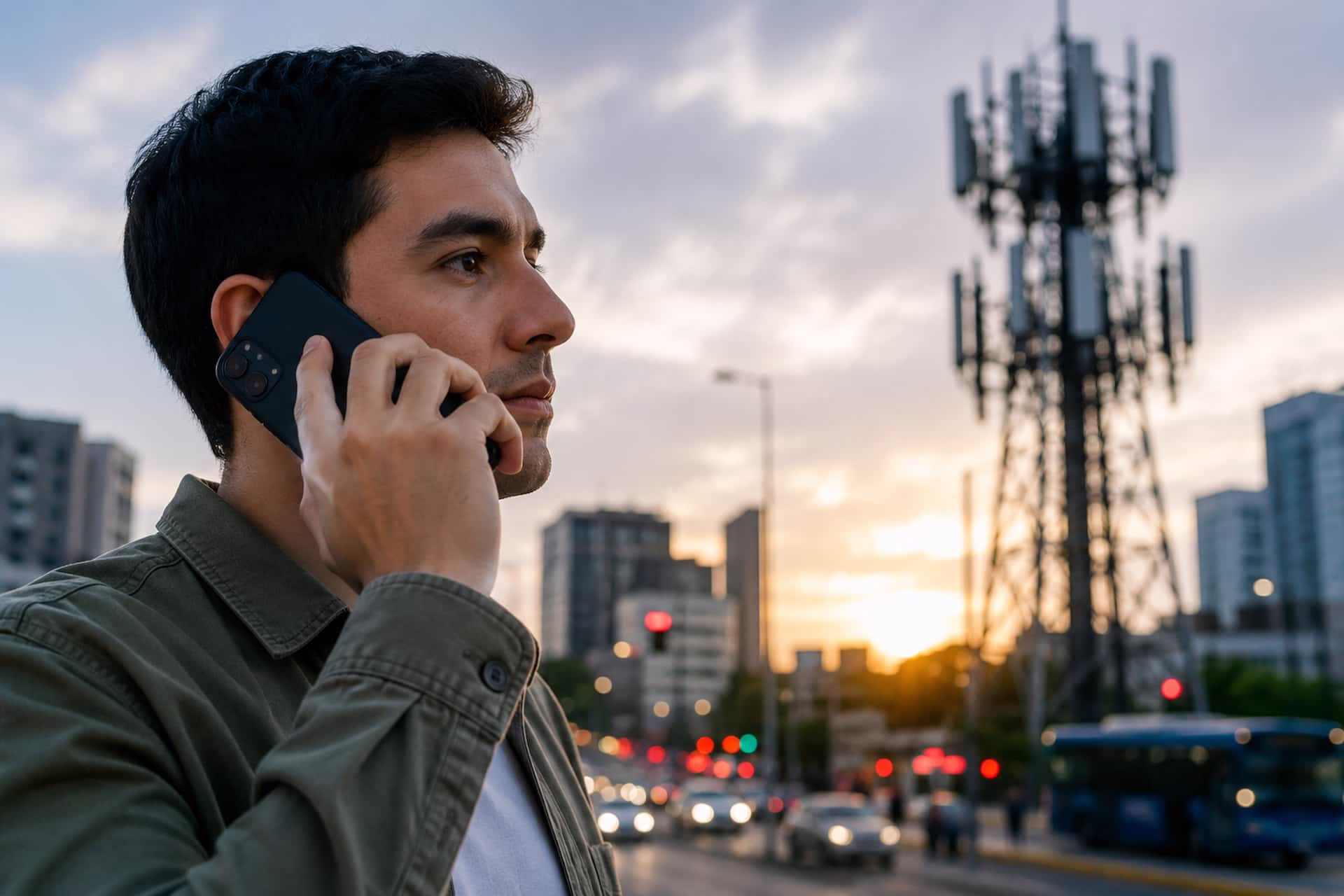 Usuario utiliza un teléfono celular con infraestructura de telecomunicaciones al fondo, en el contexto del registro de celulares en México.