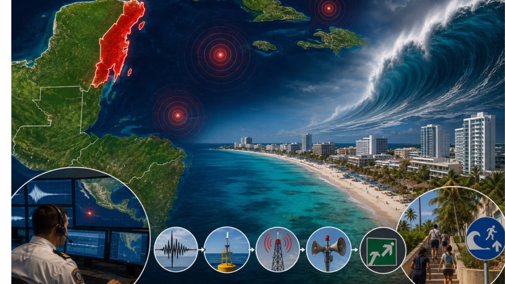 Mapa conceptual del Caribe con posibles zonas sísmicas que podrían generar un tsunami en Quintana Roo