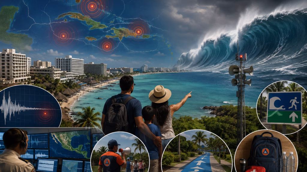 Escenario conceptual de prevención ante un tsunami en Quintana Roo con sistemas de alerta y rutas de evacuación