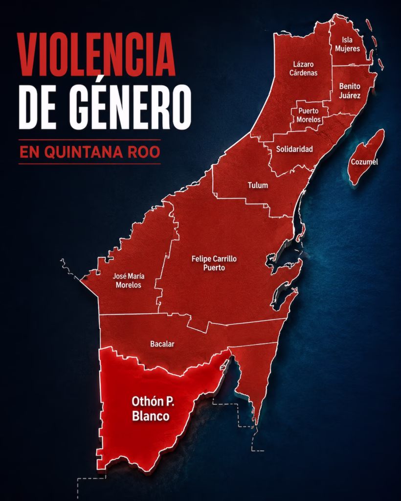 Mapa de Quintana Roo con el municipio de Othón P. Blanco resaltado por la incidencia de violencia de género contra las mujeres.