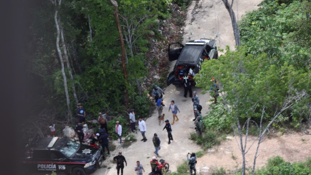 Brigadistas y personal operativo se trasladan por una brecha selvática durante la búsqueda de personas en Quintana Roo.