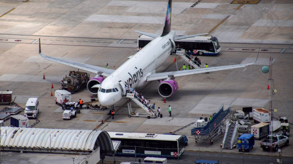 Avión de Volaris durante proceso de abordaje en el Aeropuerto de Cancún.
