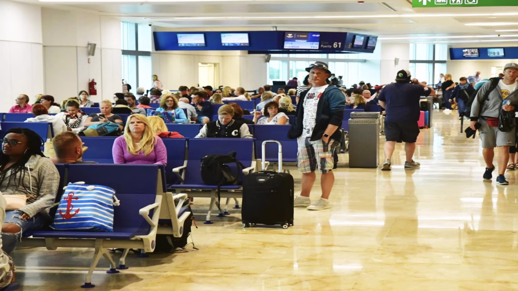 Pasajeros esperan su vuelo en una sala del aeropuerto de Cancún.