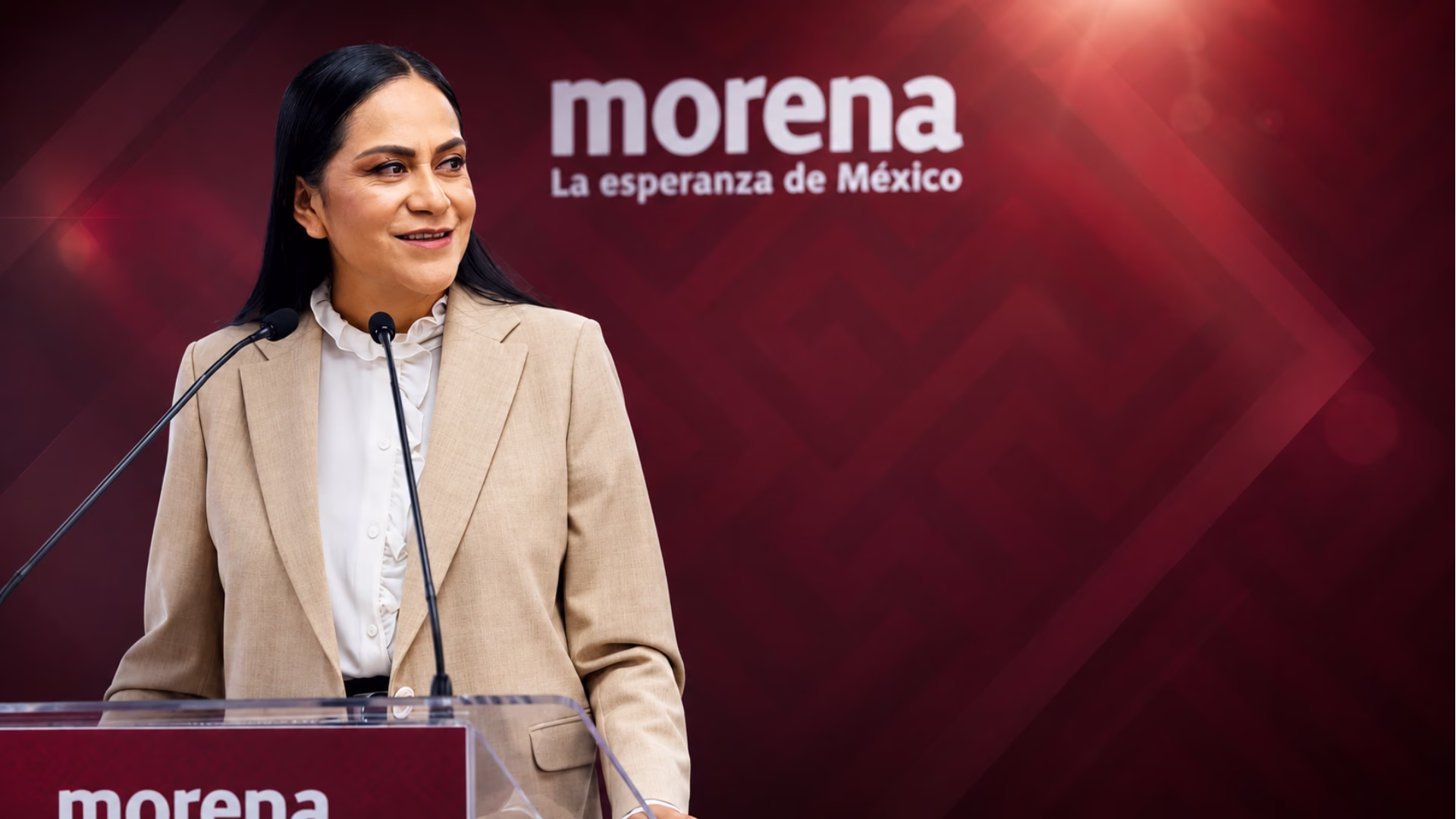 Ariadna Montiel, presidenta nacional de Morena, durante un mensaje ante integrantes del partido