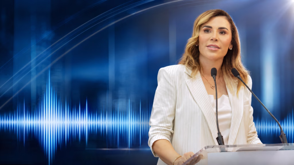 Imagen conceptual de Marina del Pilar frente a micrófonos con ondas de audio relacionadas con la difusión de sus conversaciones.