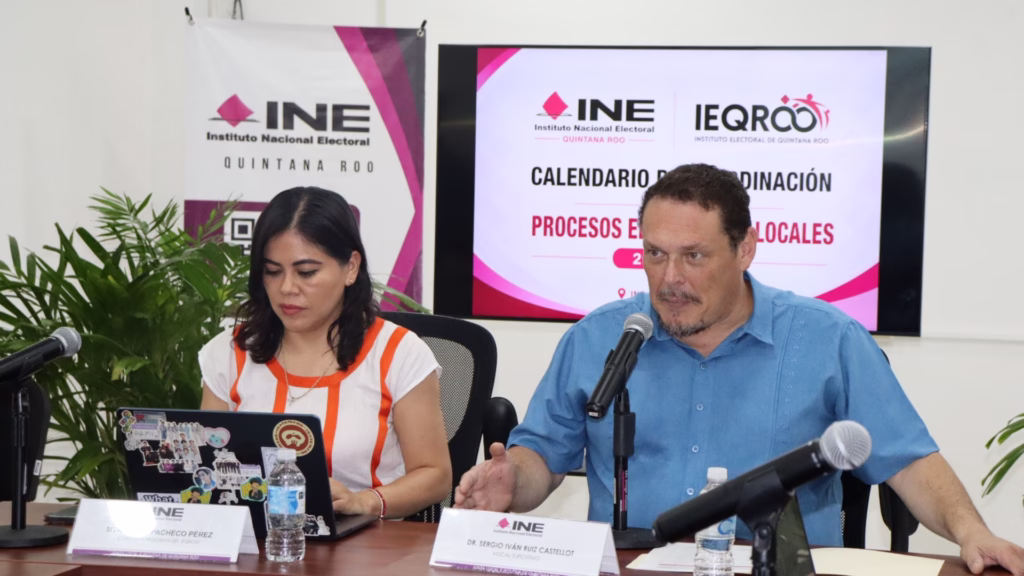 Mesa de trabajo entre el INE y el IEQROO en Quintana Roo, relacionada con la coordinación de procesos electorales locales y el debate sobre campañas anticipadas rumbo a 2027