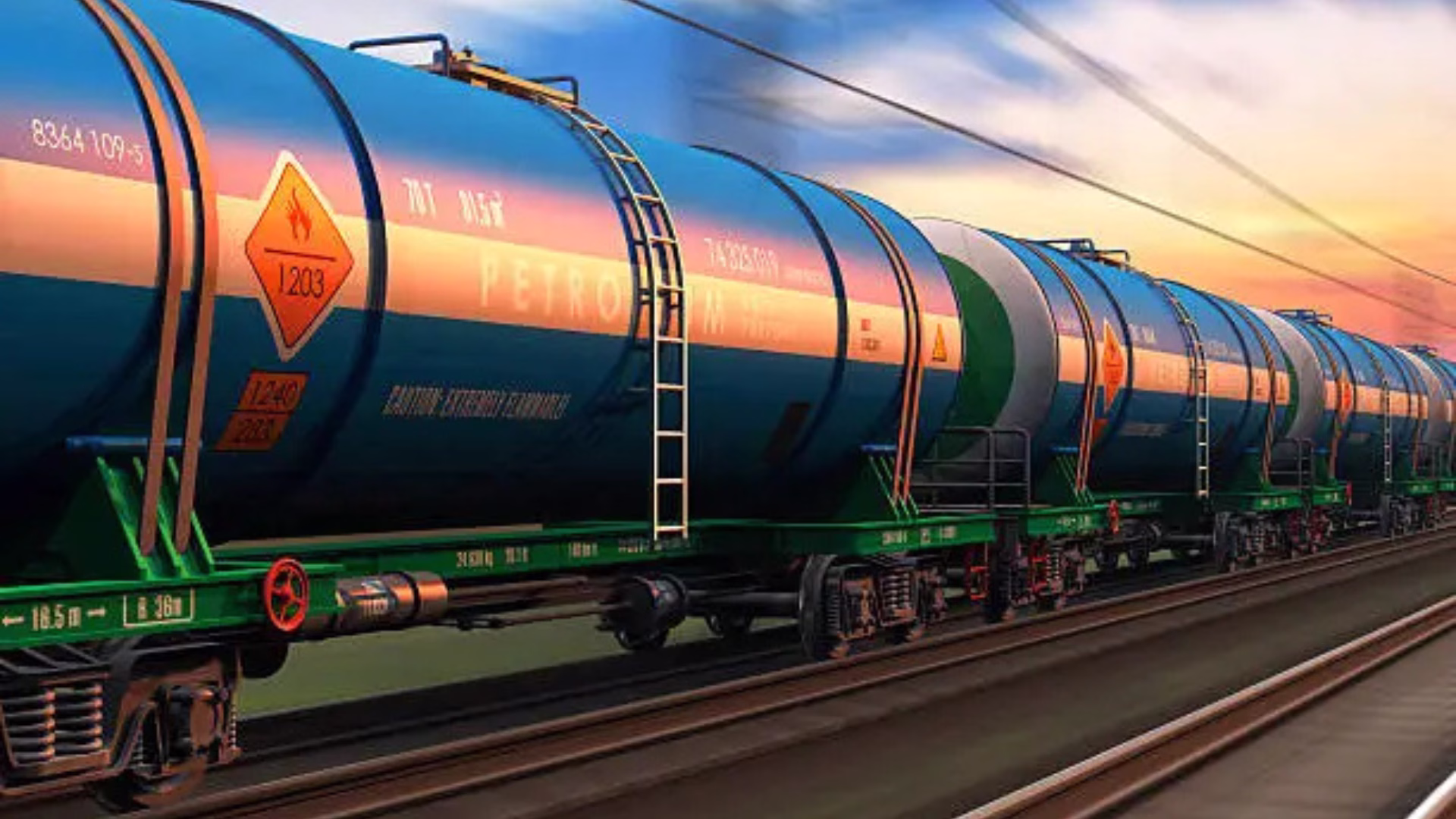 Carros cisterna con señalización de material inflamable en una vía ferroviaria.