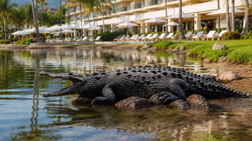 Cocodrilo en una zona turística de Puerto Vallarta, donde autoridades piden reportar los avistamientos.