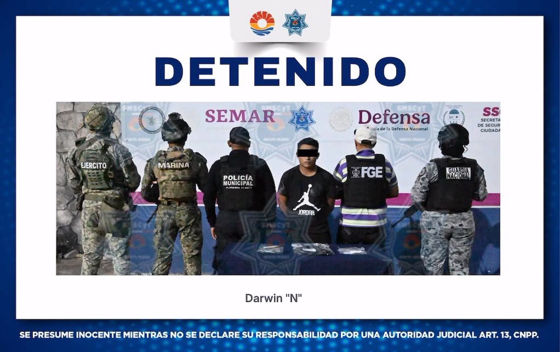 Imagen oficial de la detención de Darwin Gaspar “N”, señalado como probable integrante del grupo investigado en Tierra Maya, Cancún.