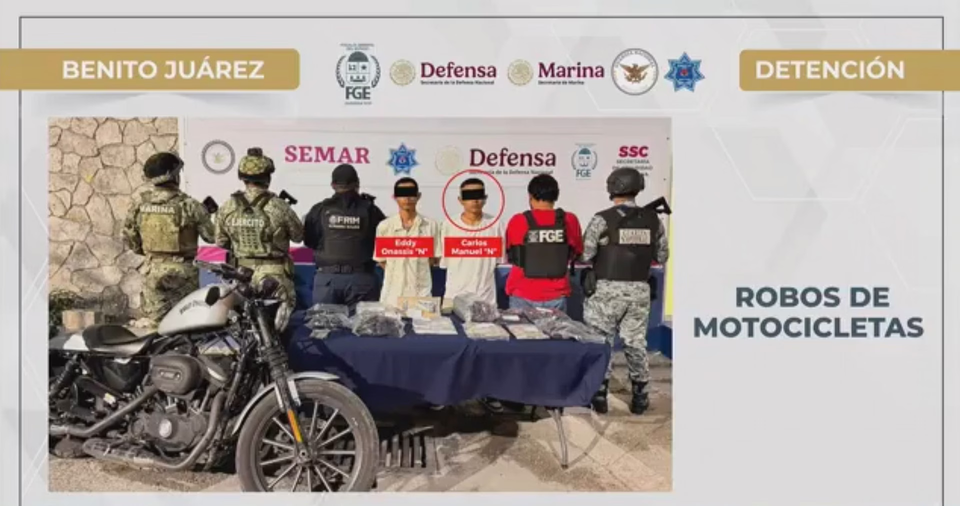 Imagen difundida por autoridades sobre la detención de Eddy Onassis “N” y Carlos Manuel “N” durante una investigación en Tierra Maya, Cancún.