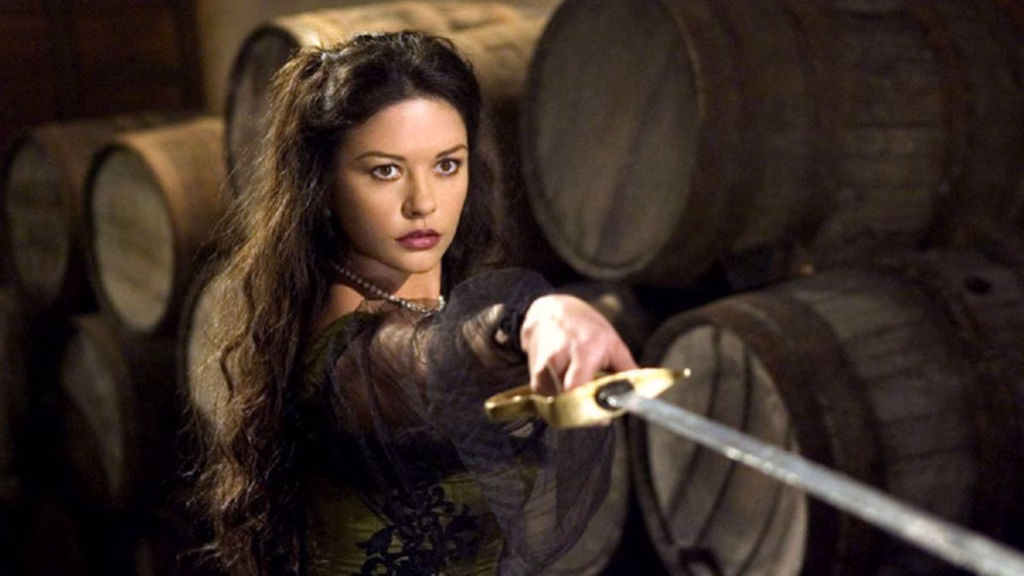 Catherine Zeta-Jones como Elena Montero en La máscara del Zorro, uno de sus personajes más reconocidos.