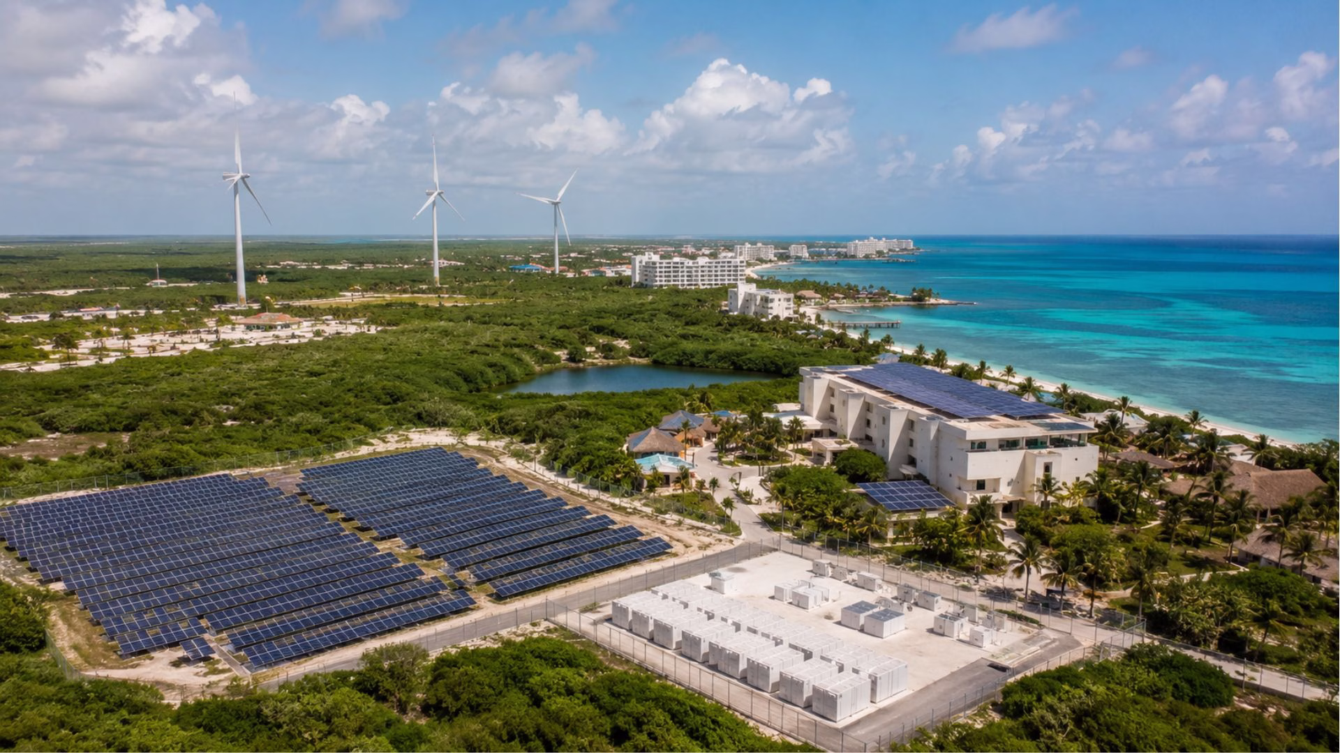 Simulación digital de paneles solares, almacenamiento energético y aerogeneradores en un entorno costero de Quintana Roo.