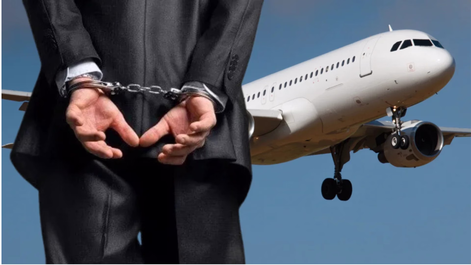Imagen ilustrativa de una persona esposada frente a un avión comercial, utilizada para representar un proceso de extradición.