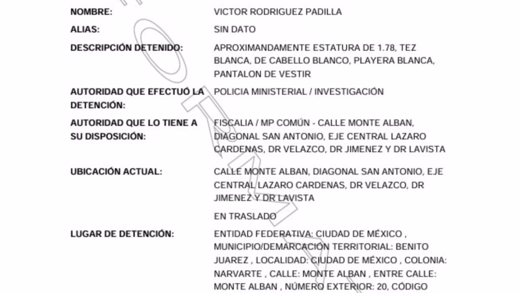 Ficha con datos de detención de Víctor Rodríguez Padilla en Ciudad de México