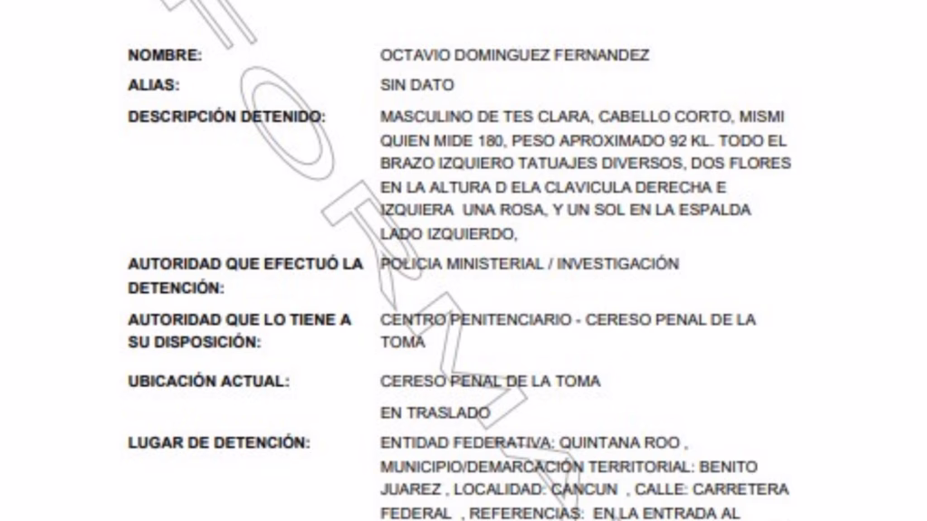 Ficha del Registro Nacional de Detenciones de Octavio Domínguez Fernández consultada tras su captura en Quintana Roo.