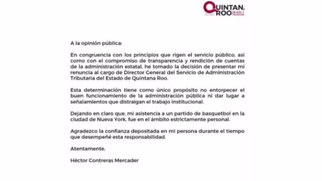 Carta renuncia del ex funcionario de gobierno estatal.