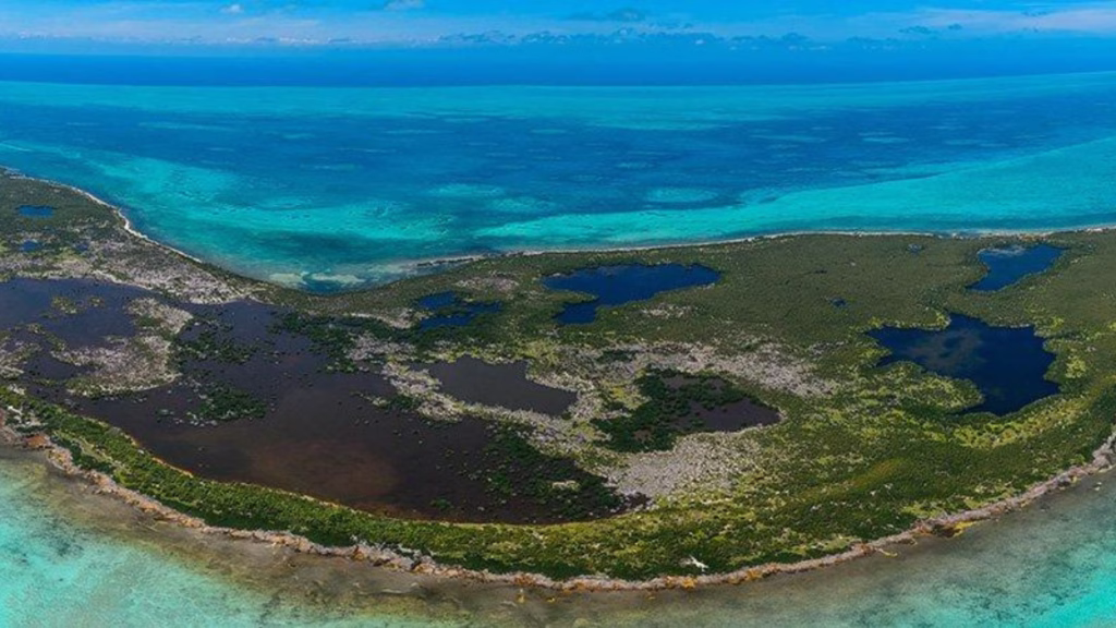 Vista aérea de lagunas costeras y vegetación protegida en Quintana Roo.