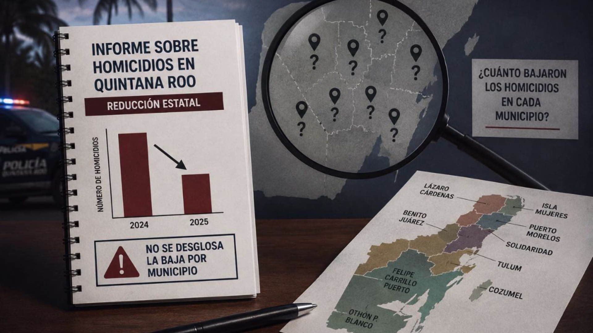 Gráfico sobre el informe de homicidios en Quintana Roo y la falta de un desglose de la reducción por municipio.