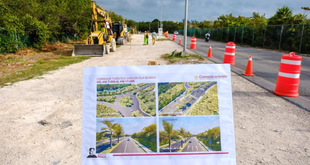 Obras de infraestructura carretera en Isla Blanca, Quintana Roo, relacionadas con la inversión pública estatal.