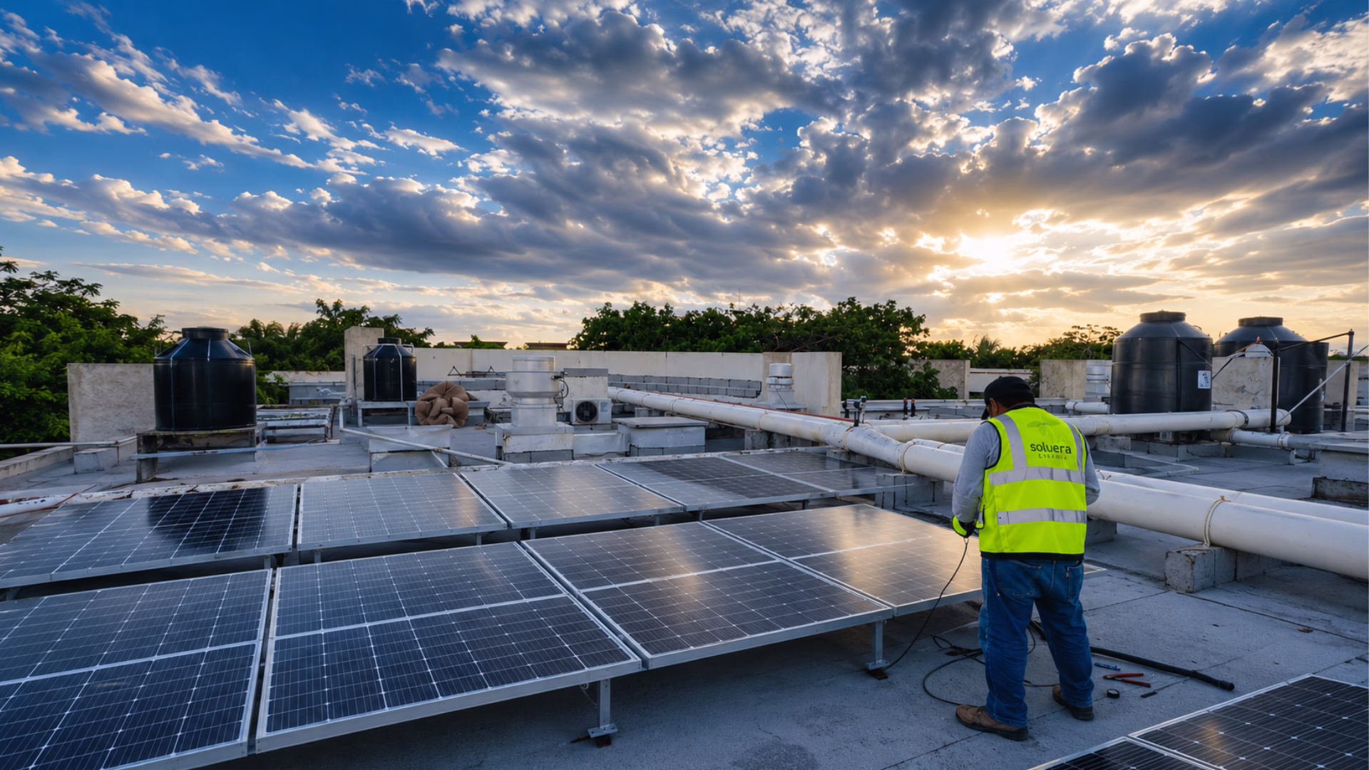 Un trabajador revisa paneles solares, tecnología contemplada en la iniciativa para incorporar energías limpias en edificios públicos de Quintana Roo.