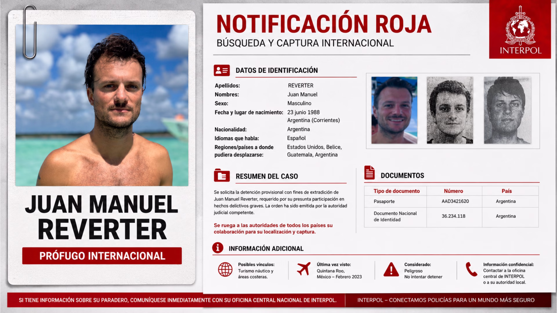 Composición gráfica sobre Juan Manuel Reverter, Agostina Jalabert y la búsqueda internacional del sospechoso mediante Interpol.