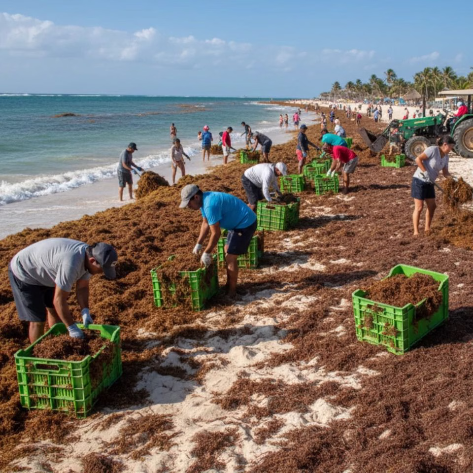 Jornada de limpieza en playa de Cancún con manejo de residuos y sargazo