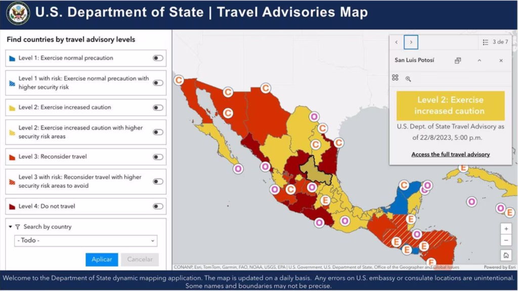 Mapa de alertas de viaje del Departamento de Estado para México