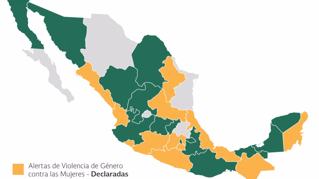 Mapa de México con las entidades que cuentan con Alerta de Violencia de Género contra las Mujeres
Título: Alertas de violencia de género declaradas en México