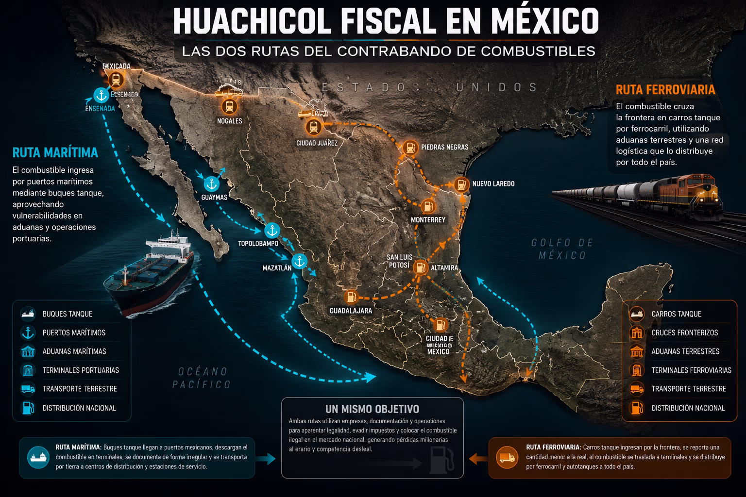 Ilustración conceptual de México con rutas marítimas y ferroviarias de combustibles.