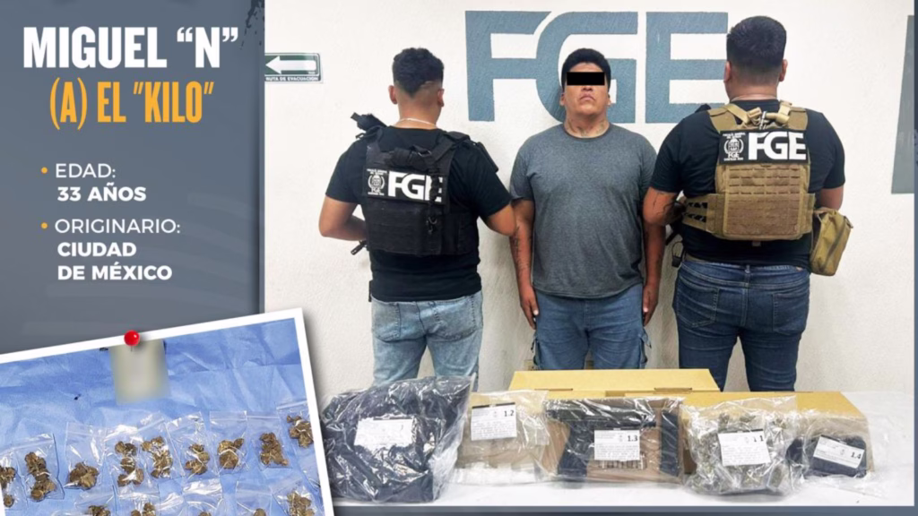 Miguel “N”, alias “El Kilo”, presentado por la Fiscalía de Quintana Roo junto con indicios asegurados durante la investigación.