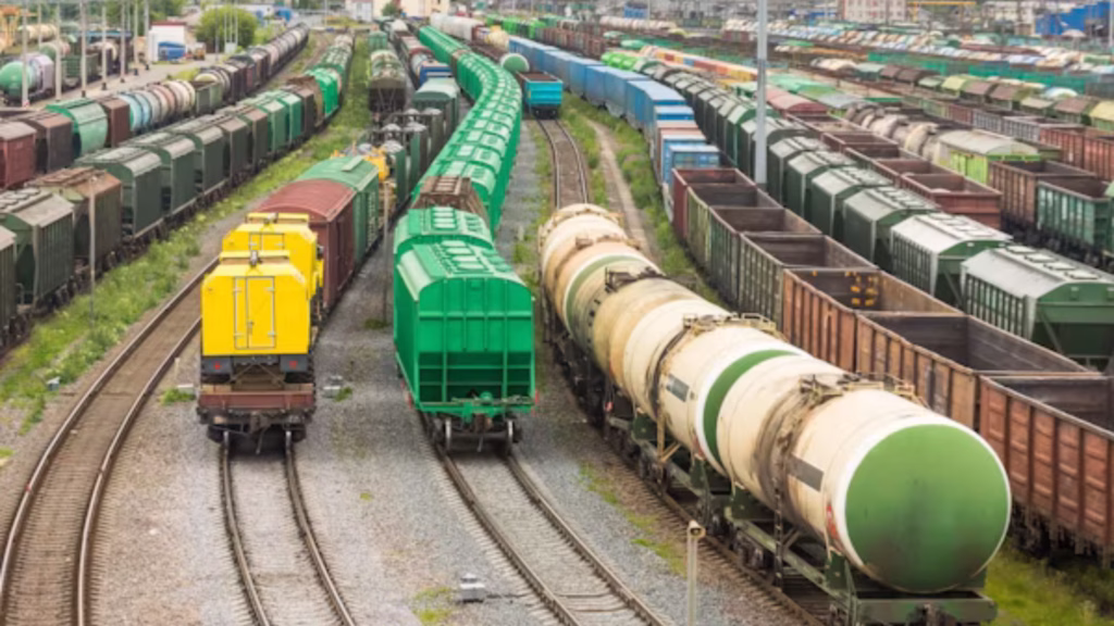 Patio ferroviario con carros tanque y vagones de carga industrial.