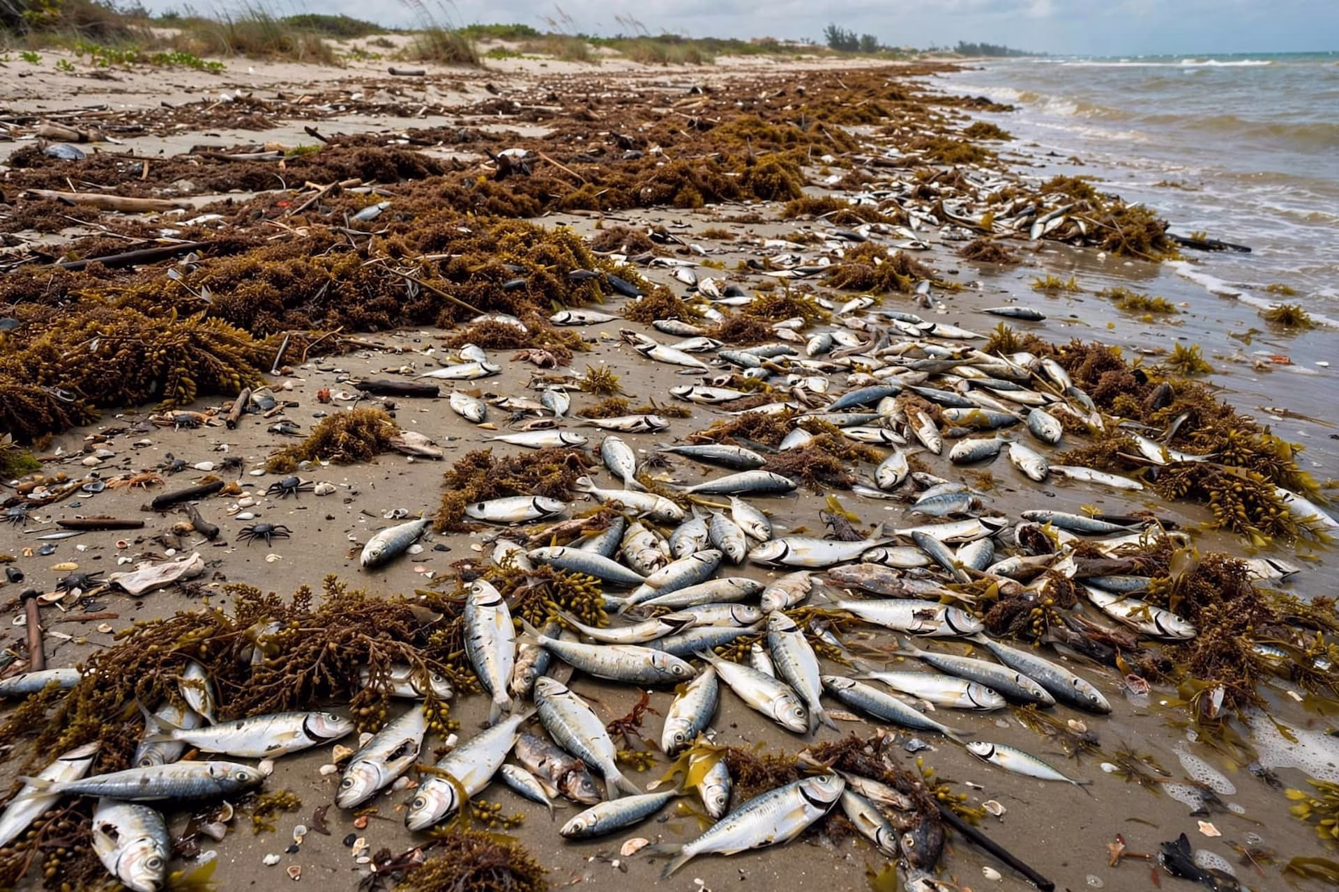 Peces muertos entre sargazo en la orilla de Punta Caracol, Puerto Morelos.