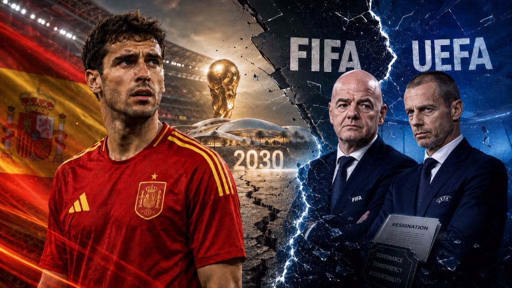 Composición editorial sobre la pelea UEFA-FIFA, la renuncia de Carlos Cordeiro y las dudas sobre España rumbo al Mundial 2030.