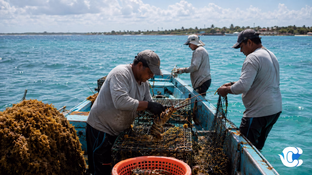 Pescadores de María Elena trabajan en una lancha durante la captura de langosta.