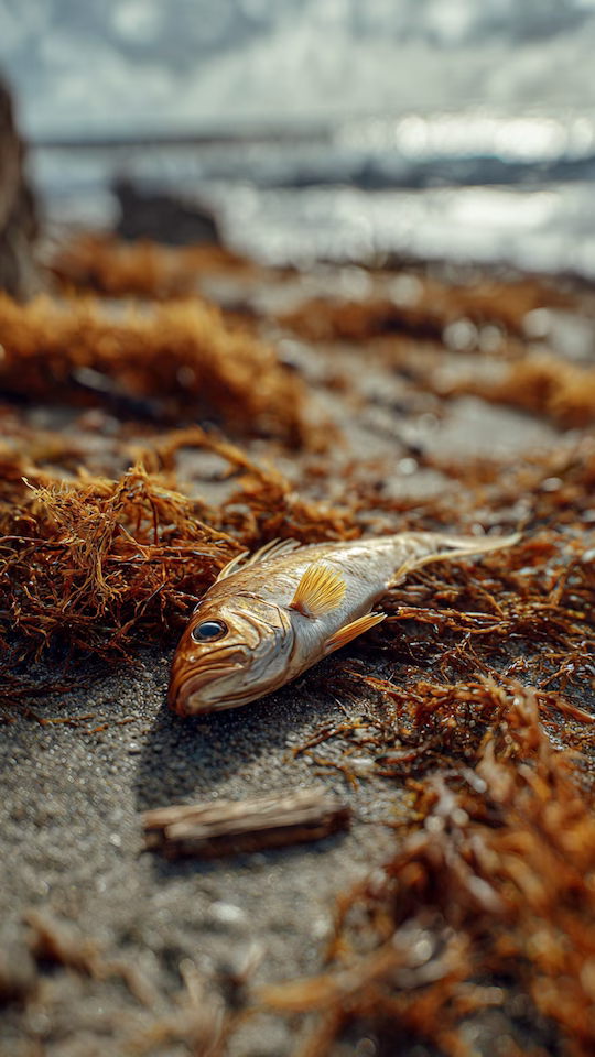 Pez muerto entre el sargazo acumulado en la zona costera de Punta Caracol, en Puerto Morelos.