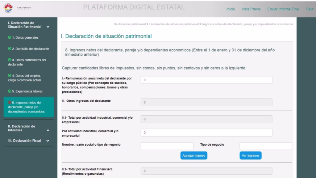 Plataforma Digital Estatal utilizada para capturar ingresos y datos de la declaración patrimonial en Quintana Roo.