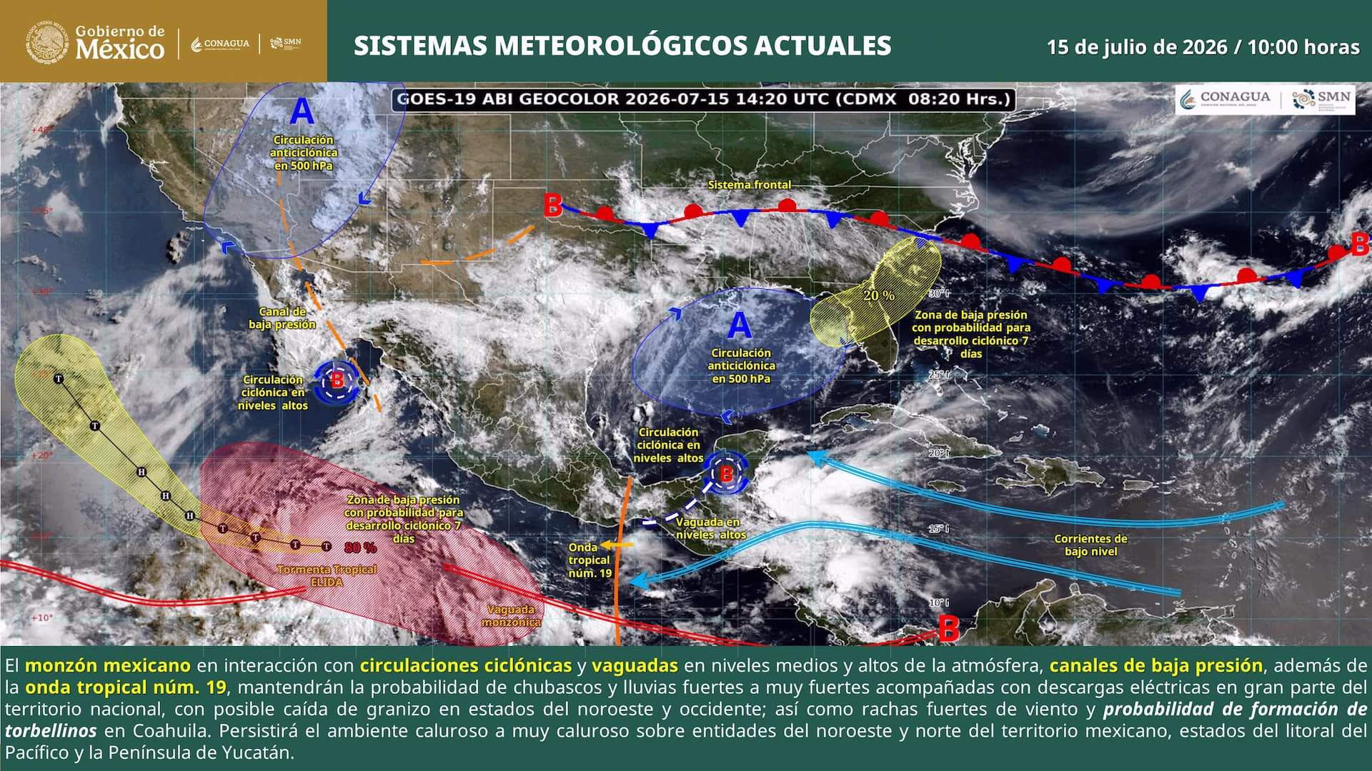 Mapa meteorológico muestra la onda tropical y el ingreso de humedad que favorecen lluvias en Quintana Roo.