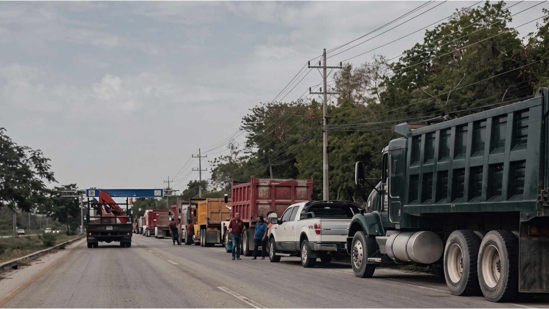 Volquetes avanzan en caravana durante la movilización de transportistas en Tulum por la participación en obras federales.