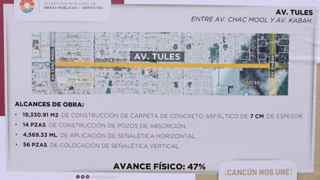 Plano del proyecto de reconstrucción de la avenida Tules en Benito Juárez.