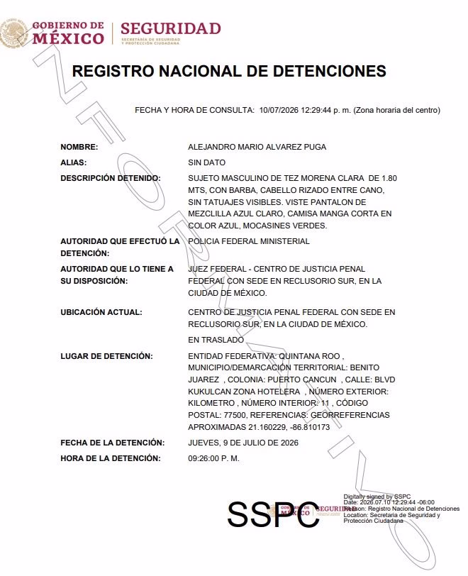 El Registro Nacional de Detenciones confirmó la captura y el traslado de Alejandro Mario Álvarez Puga al Reclusorio Sur de la CDMX.