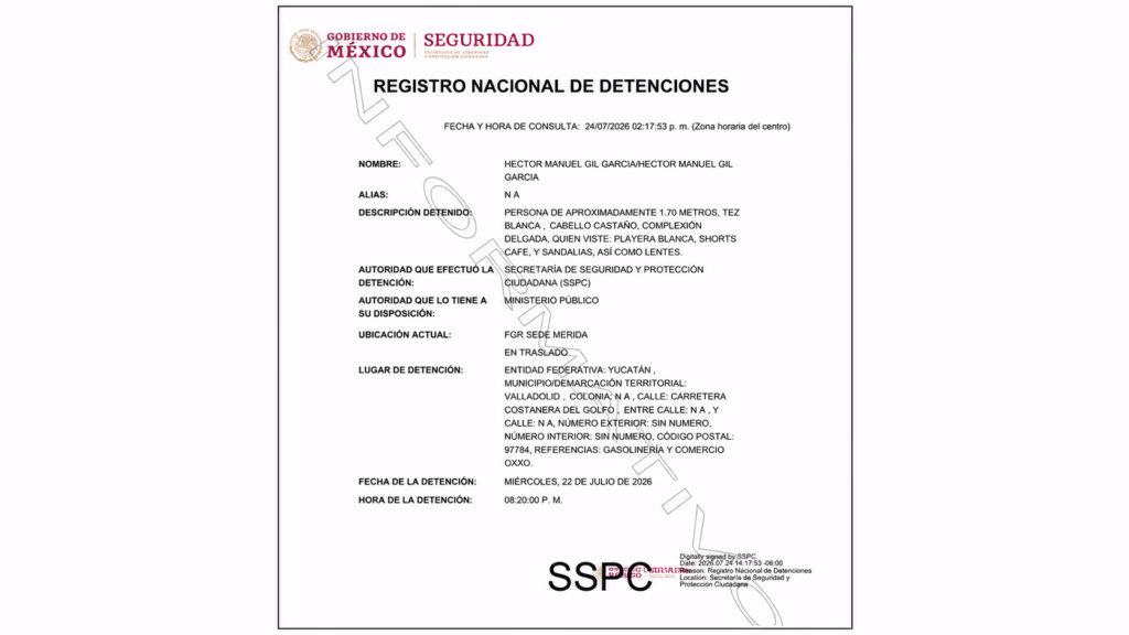 Documento oficial del Registro Nacional de Detenciones que acredita la captura de Héctor Manuel "N", alias El Kado, en Valladolid, Yucatán, el 22 de julio de 2026 a las 20:20 horas.